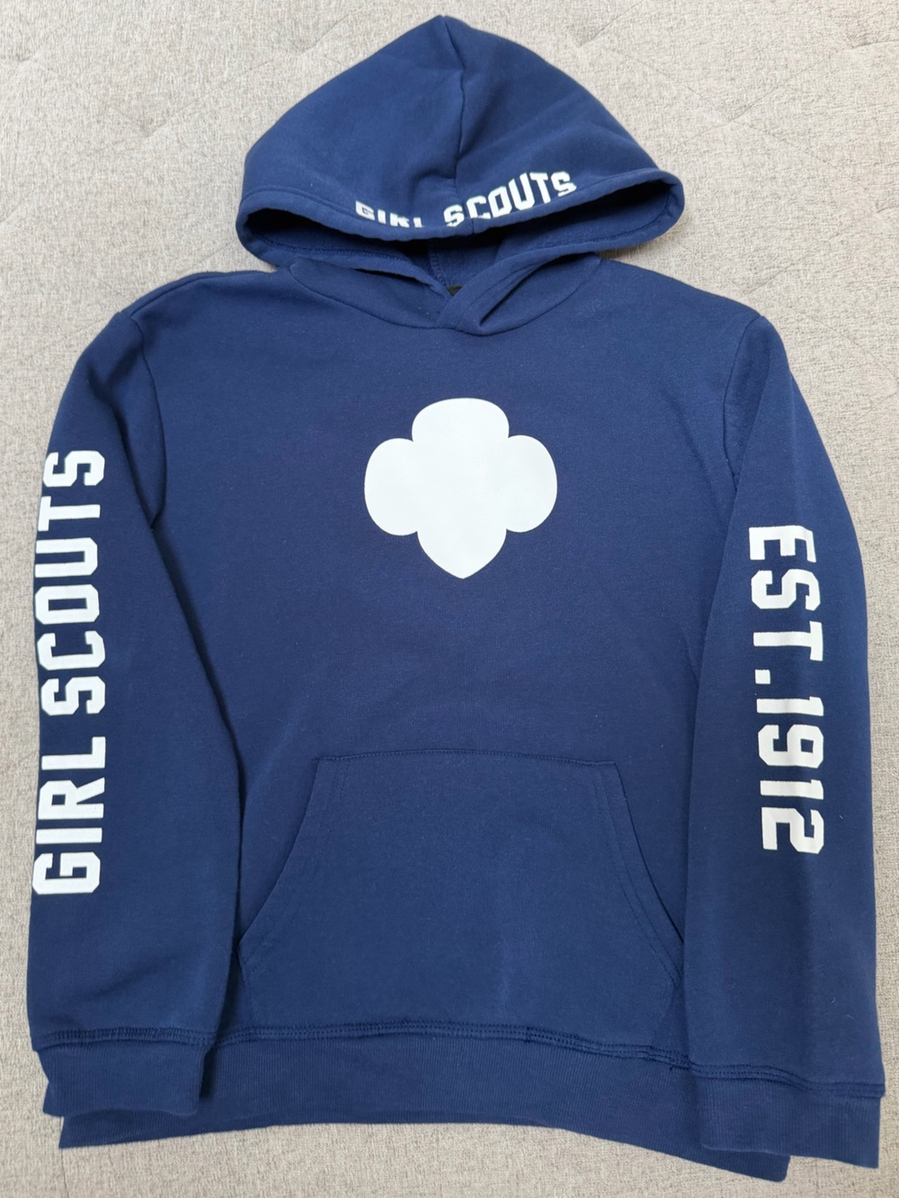 EUC GIRL SCOUTS Est. 1912 Trefoil Hoodie NAVY BLUE Sweatshirt - Girl SIZE 14/16